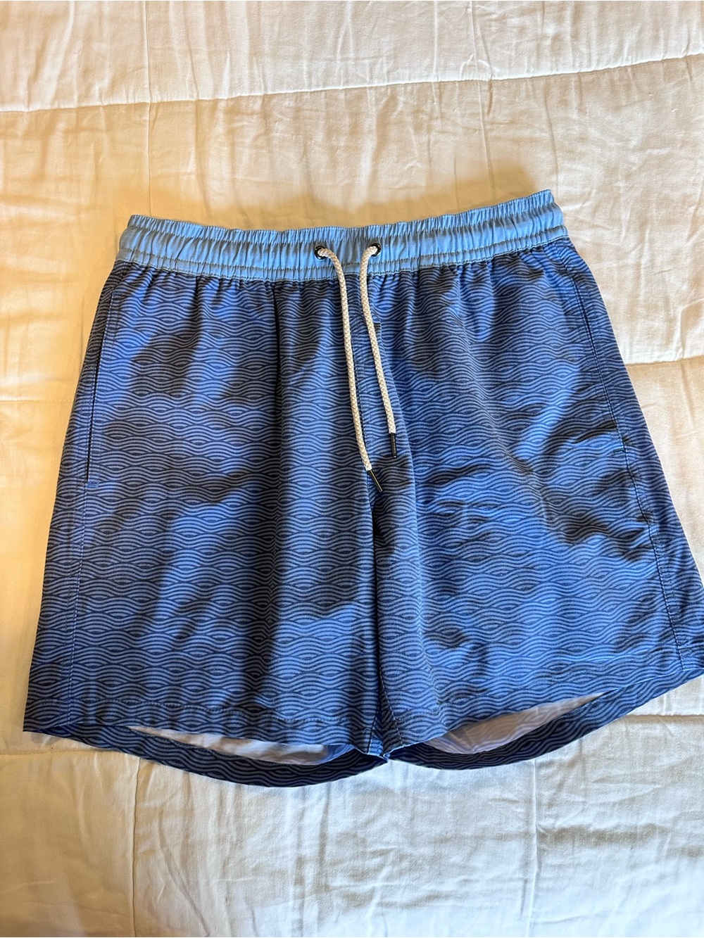Fair Harbor Men's Wave-Pattern Swim Shorts in Navy with Light Blue Waistband